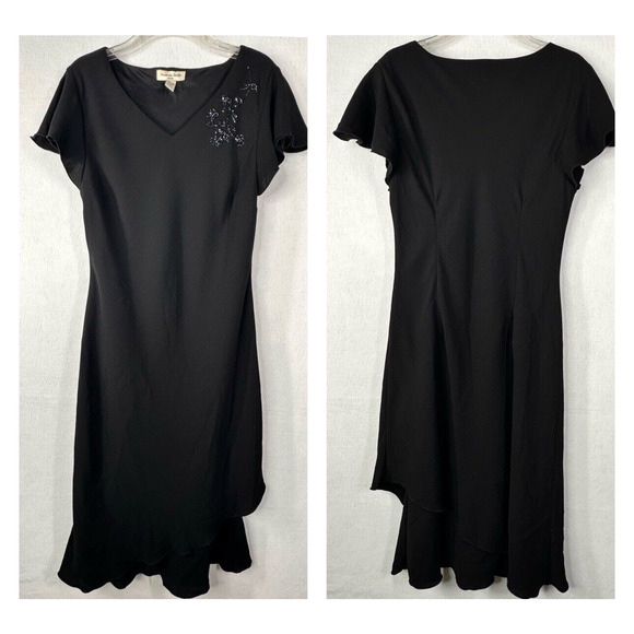 Amanda Smith Beaded Evening Dress 10 Black Cocktail Party Midi V Neck Short Slv - Picture 1 of 7